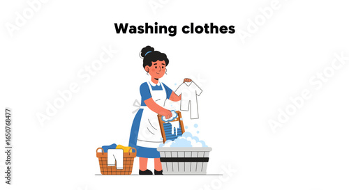 A detailed vector illustration of a woman in an apron performing household chores, washing clothes by hand in a basin filled with soapy water