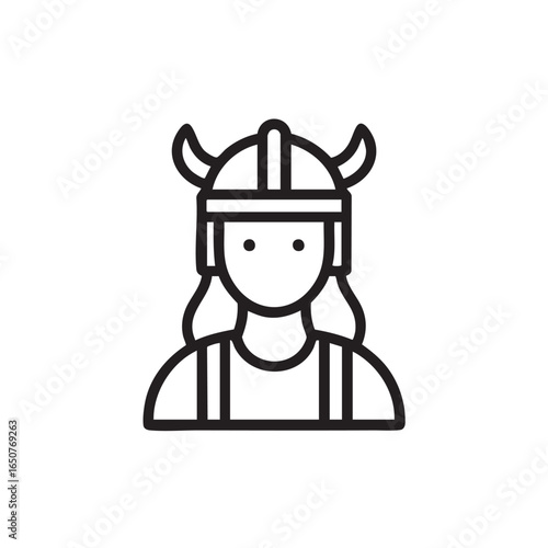 A black and white outline of a person wearing a horned helmet.
