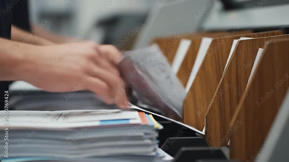 Close Up Hands Sorting Mail into Wooden Office Slots
