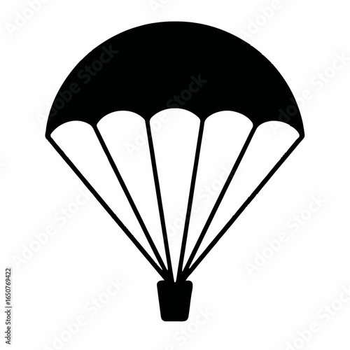 Black Parachute Silhouette with Canopy and Suspension Lines – Minimalist Vector Icon Symbolizing Descent, Safety, and Controlled Landing