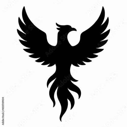 Black Phoenix Silhouette with Spread Wings – Minimalist Mythical Bird Vector Symbolizing Rebirth, Renewal, and Transformation
