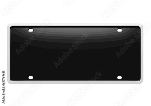 A blank, glossy black rectangular license plate with a white border, ready for text.