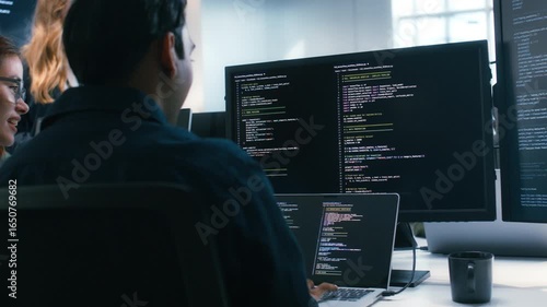 Two Software Developer, Programmer discussing, explaining to colleague working on code, application software development project using desktop computer, work together in co-working office space.