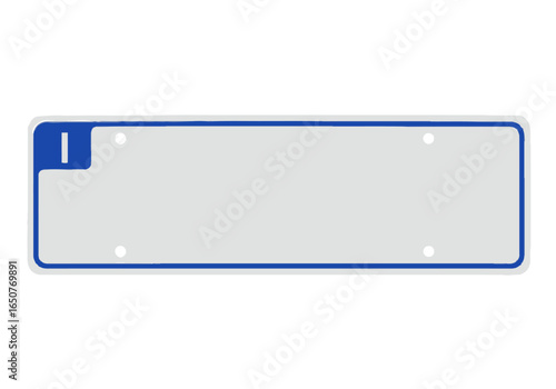 A blank white license plate with a blue border and a blue square with a white "I" in the upper left corner, isolated on a white background.