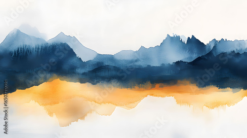Abstract blue and orange watercolor background depicting a minimalist mountain landscape with a calm water reflection.
