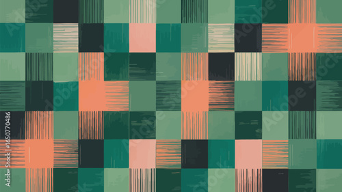 Abstract pattern of green, teal, and peach squares with textured line details throughout the image