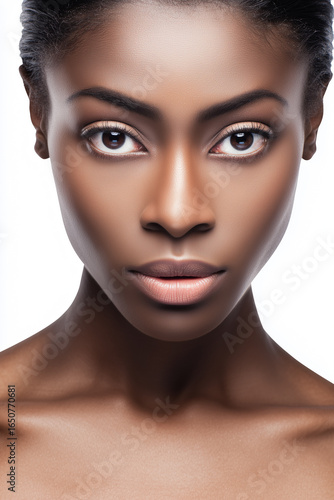 Studio portrait of dark-skinned female model on white background.