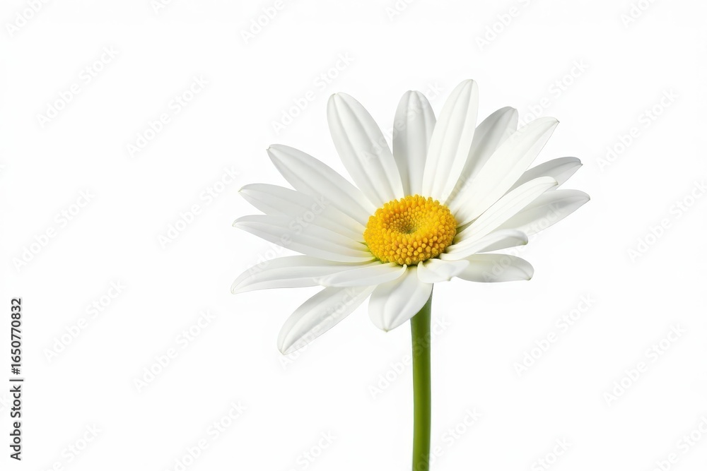Fototapeta premium A single, pristine white daisy, petals unfurled, isolated on pure white background , spring, bright