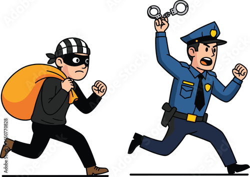 Cartoon thief running with sack chased by police officer holding handcuffs in funny animated vector style, law enforcement pursuit scene