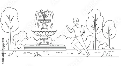 Running in the Park A Line Art Illustration of a Jogger by a Fountain