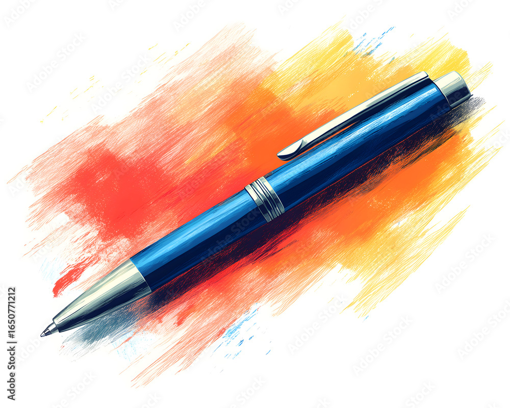 Fototapeta premium Digital illustration of a blue ballpoint pen on a colorful background with scribble and brush stroke textures.
