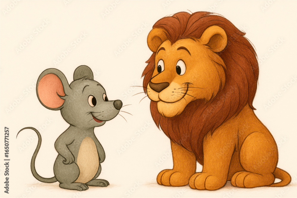 Obraz premium The friendship of a small mouse and a big lion.