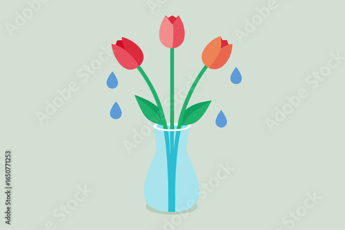 Bouquet of Tulips in Clear Glass Vase with Water Drops
