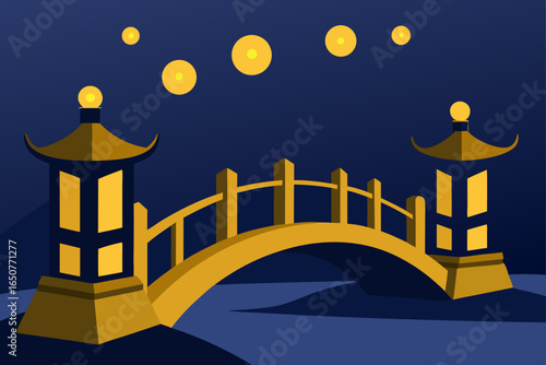 Bridge Lit by Golden Lanterns in Night Fog