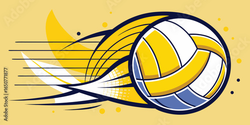 Dynamic volleyball in motion with speed lines and yellow accents