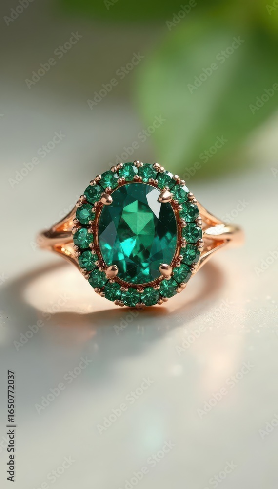Fototapeta premium Oval sapphire & green gemstone rose gold ring Elegant design , accessory, wedding ring, green gemstone