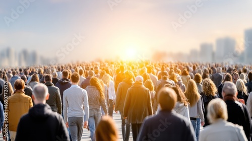 A Sea of Humanity: A vast, diverse crowd of people walk toward the sun, symbolizing hope and the collective journey of humanity. Each individual contributes to a vibrant tapestry of experiences.
