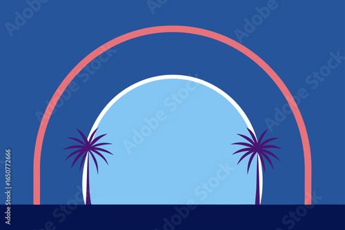Circular Arch of Light with Rotating Wireframe Palms