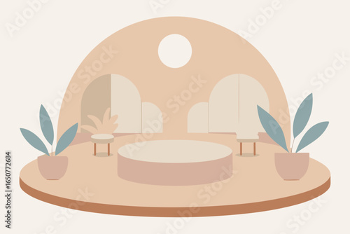Circular Seating Area with Soft Beige Tones Plants