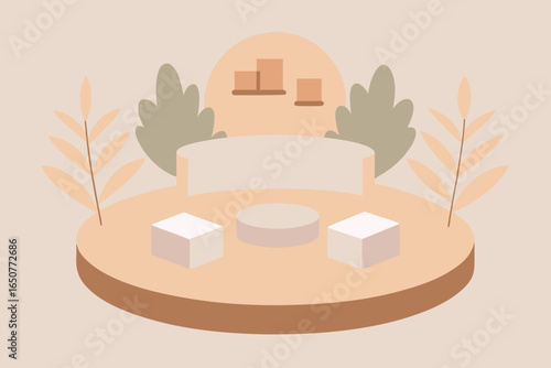 Circular Seating Area with Soft Beige Tones Plants