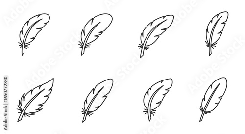 Set of eight hand drawn feather illustrations in black and white