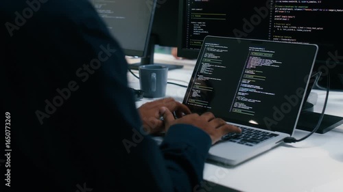 Software Developer working on laptop computer write code, Ai Prompt Software development Application in office. Professional Computer Programmer typing on keyboard with code on monitor screen