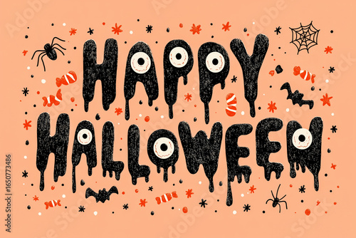 Happy halloween dripping letters with spooky decorations