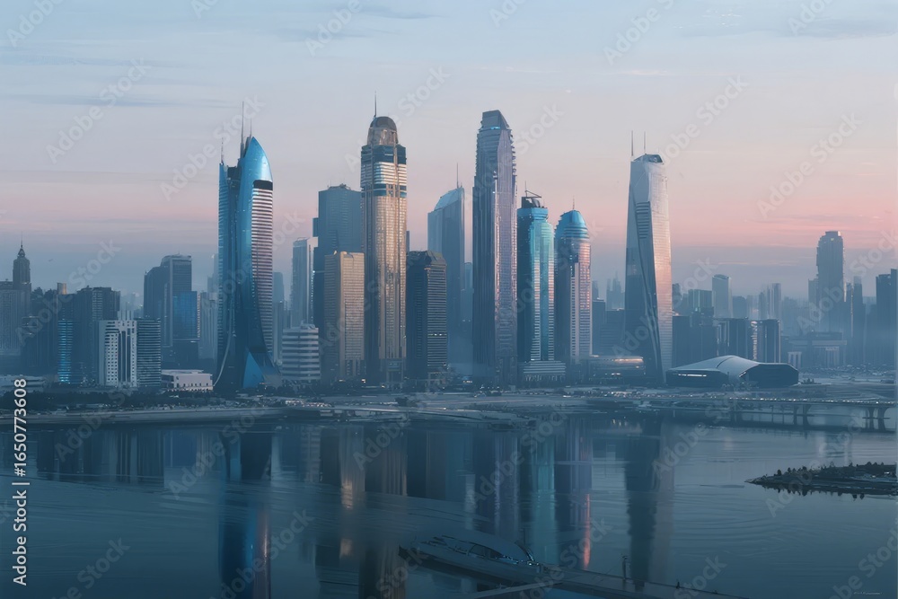 Obraz premium Modern City Skyline with Reflective Waterfront at Dusk