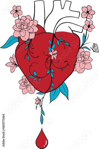Realistic anatomical heart with flowers, vines, and a butterfly. A single blood drop falls, symbolizing pain, beauty, healing, and the fragility of life.
