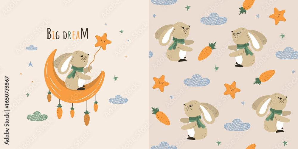Fototapeta premium Children's background and seamless pattern with a funny rabbit holding a star. Vector design for fabric, wallpaper, wrapping paper, and more.