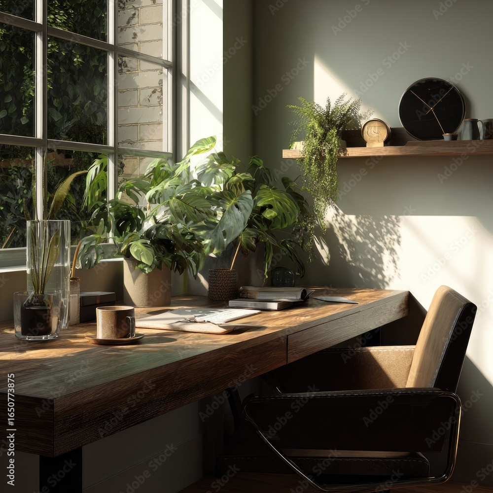 Fototapeta premium Quiet office setup with minimal objects, wood tabletop, and greenery