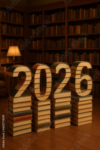2026 formed from stacked books in a cozy library—great for education themes, new year planning, posters, and calendars.