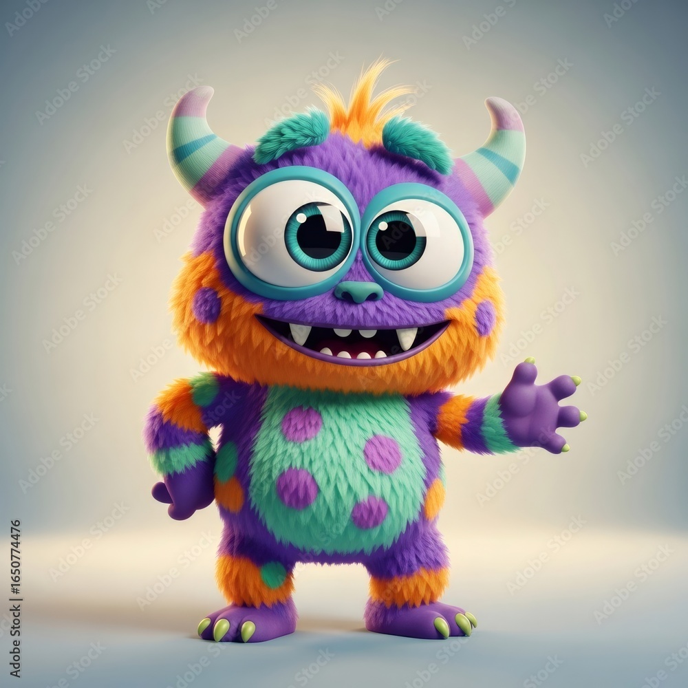 Obraz premium Cute fluffy monster with big eyes waving a hand. Cartoon creature with horns for children's designs, Halloween.