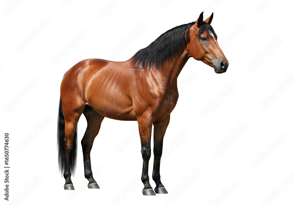 Obraz premium Elegant brown horse standing on a black background showcasing muscular build and glossy coat