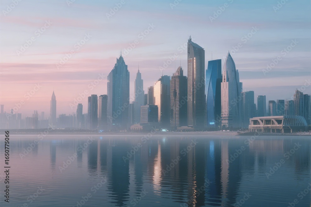 Obraz premium Modern Skyscrapers Reflected in Calm Water at Dawn