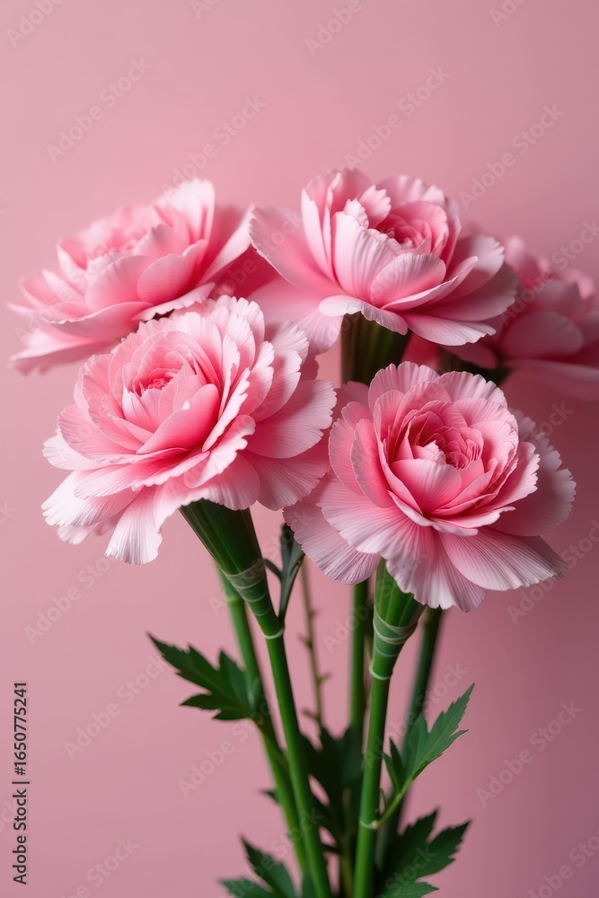 Fototapeta premium A lush bouquet of soft pink carnations, tightly arranged , fresh, pink