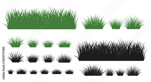 Vector art of assortment of grass tufts in green and black isolated on white background