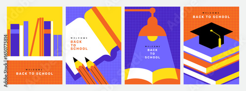 Colorful back to school posters or banners set with books. Vertical background for education design concept.