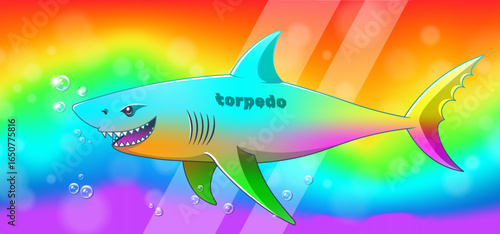 Vector cartoon smiling rainbow shark. Wild ocean toon funny fish predator. Underwater bright radiant iridescent sea and bubbles. Torpedo