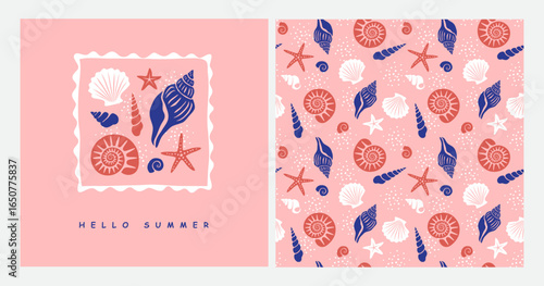 Seamless pattern with seashells of different shapes. Banner or greeting card design with sea shells.