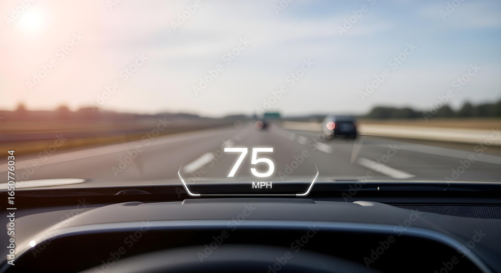 Obraz premium Driver’s view of a modern car’s HUD, speed displayed on windshield, highway ahead. 