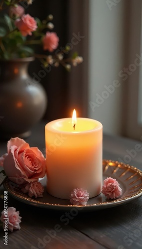 Softly glowing candle surrounded by elegant decor, ambiance, candle, elegance