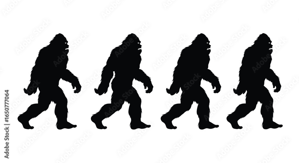 Fototapeta premium Vector art of four bigfoot silhouettes walking isolated on white background in the forest