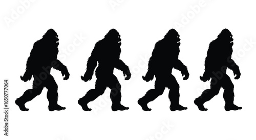 Vector art of four bigfoot silhouettes walking isolated on white background in the forest