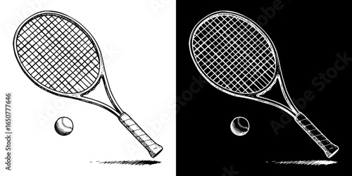Isolated vector image of tennis racket and ball, two design options on transparent and black background, pencil drawing, chalk drawing