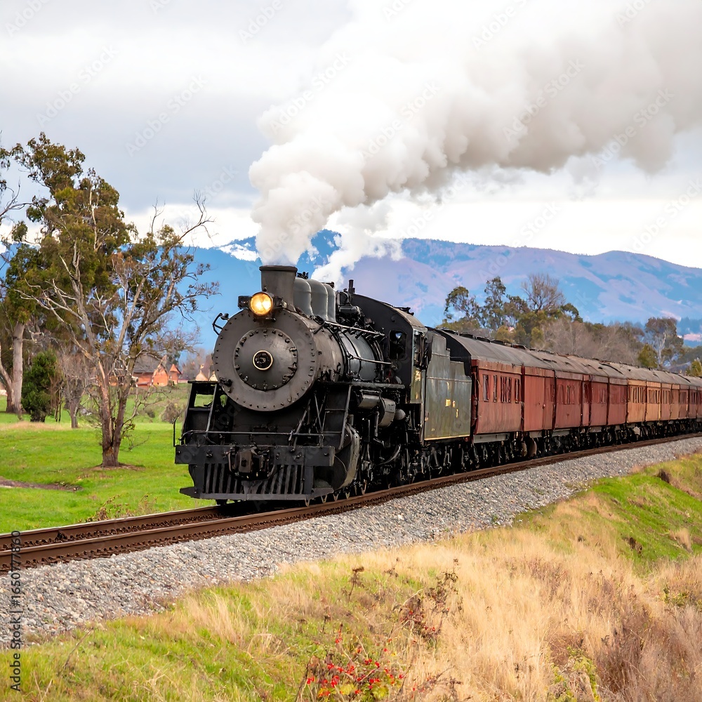 Obraz premium Vintage steam locomotive pulling passenger cars through a pastoral landscape