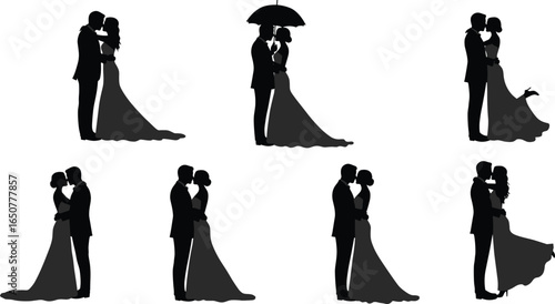 Romantic wedding couple silhouettes, bride and groom hugging, kissing, wedding dress, umbrella, love, marriage, romantic moments, celebration, black and white vector