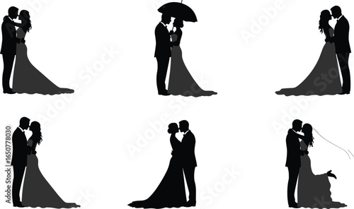 Romantic wedding couple silhouettes, bride and groom hugging, kissing, wedding dress, love, marriage, romantic moments, celebration, black and white vector