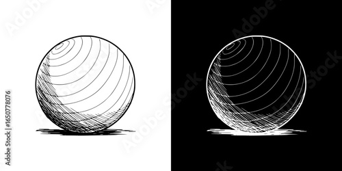 Isolated vector image of fitness ball, two design options on transparent and black backgrounds, pencil drawing, chalk drawing