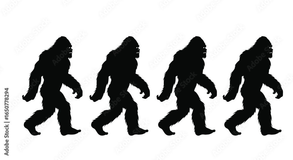 Fototapeta premium Vector art of silhouetted bigfoot figures walking in a row isolated on white background
